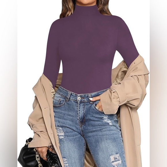 (A8) MANGOPOP Women's Mock Turtle Neck Long Sleeve Bodysuit, Size Small, NWT - Picture 2 of 5